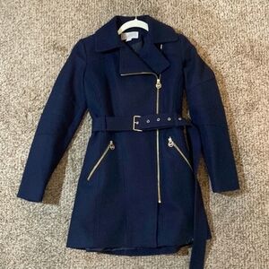 Michael Kors Navy Blue Trench Wool Pea  Coat with Gold Accents